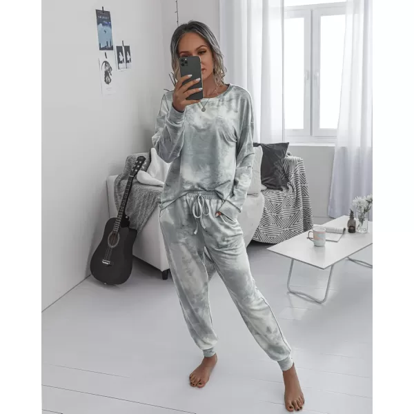 PRETTYGARDEN Womens Tie Dye Two Piece Pajamas Set Casual Long Sleeve Sweatshirt with Long Pants LoungewearGrey
