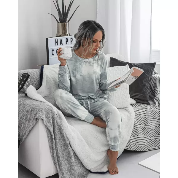 PRETTYGARDEN Womens Tie Dye Two Piece Pajamas Set Casual Long Sleeve Sweatshirt with Long Pants LoungewearGrey