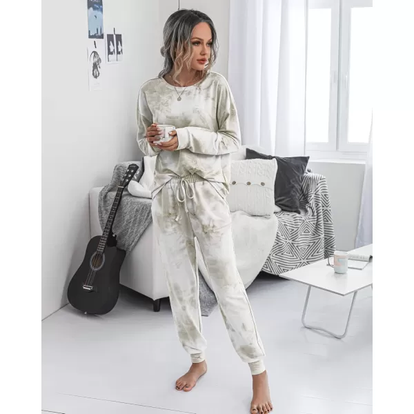 PRETTYGARDEN Womens Tie Dye Two Piece Pajamas Set Casual Long Sleeve Sweatshirt with Long Pants LoungewearKhaki