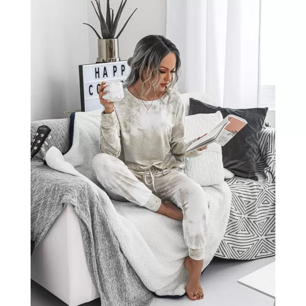 PRETTYGARDEN Womens Tie Dye Two Piece Pajamas Set Casual Long Sleeve Sweatshirt with Long Pants LoungewearKhaki