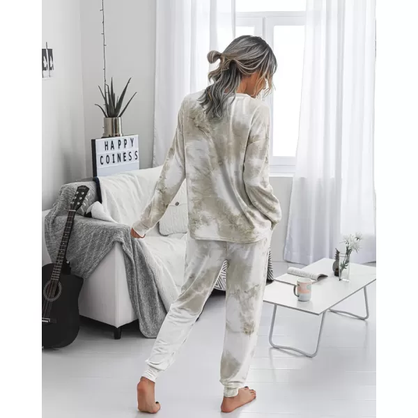 PRETTYGARDEN Womens Tie Dye Two Piece Pajamas Set Casual Long Sleeve Sweatshirt with Long Pants LoungewearKhaki