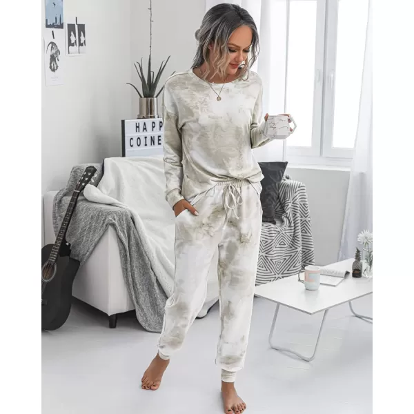 PRETTYGARDEN Womens Tie Dye Two Piece Pajamas Set Casual Long Sleeve Sweatshirt with Long Pants LoungewearKhaki