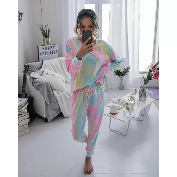 PRETTYGARDEN Womens Tie Dye Two Piece Pajamas Set Casual Long Sleeve Sweatshirt with Long Pants LoungewearMulticolor