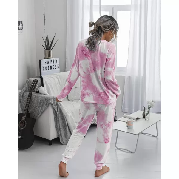 PRETTYGARDEN Womens Tie Dye Two Piece Pajamas Set Casual Long Sleeve Sweatshirt with Long Pants LoungewearPink