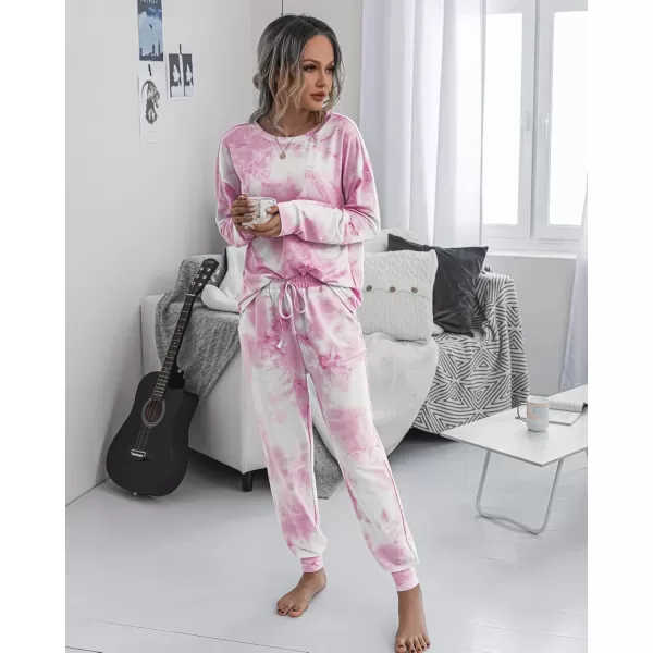 PRETTYGARDEN Womens Tie Dye Two Piece Pajamas Set Casual Long Sleeve Sweatshirt with Long Pants LoungewearPink