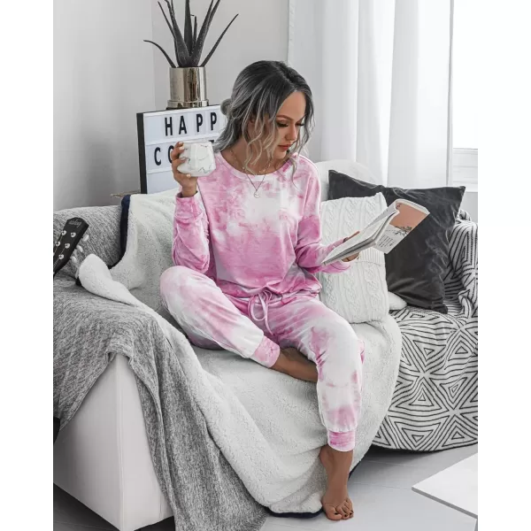 PRETTYGARDEN Womens Tie Dye Two Piece Pajamas Set Casual Long Sleeve Sweatshirt with Long Pants LoungewearPink