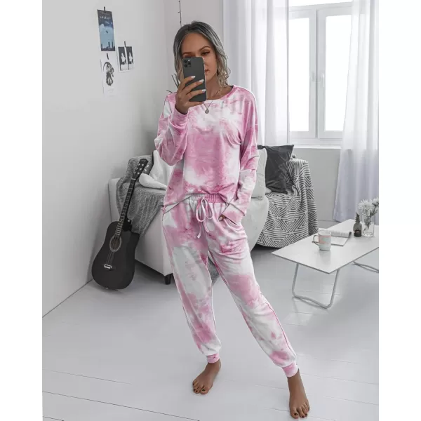 PRETTYGARDEN Womens Tie Dye Two Piece Pajamas Set Casual Long Sleeve Sweatshirt with Long Pants LoungewearPink