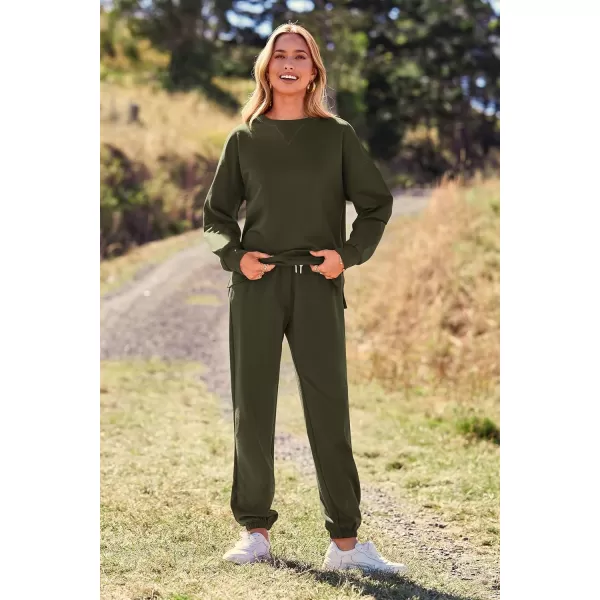 PRETTYGARDEN Womens Tie Dye Two Piece Pajamas Set Casual Long Sleeve Sweatshirt with Long Pants LoungewearSolid Army Green