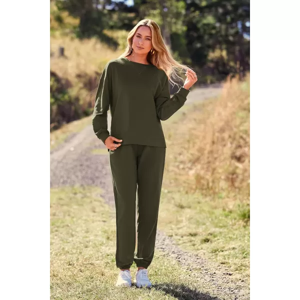 PRETTYGARDEN Womens Tie Dye Two Piece Pajamas Set Casual Long Sleeve Sweatshirt with Long Pants LoungewearSolid Army Green