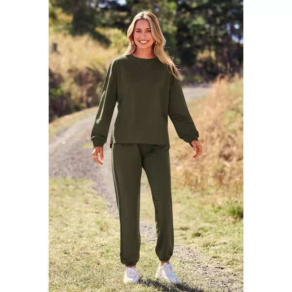 PRETTYGARDEN Womens Tie Dye Two Piece Pajamas Set Casual Long Sleeve Sweatshirt with Long Pants LoungewearSolid Army Green