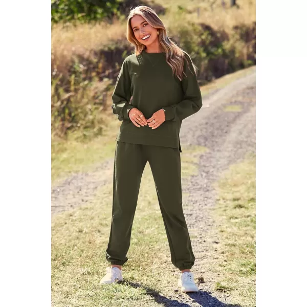 PRETTYGARDEN Womens Tie Dye Two Piece Pajamas Set Casual Long Sleeve Sweatshirt with Long Pants LoungewearSolid Army Green
