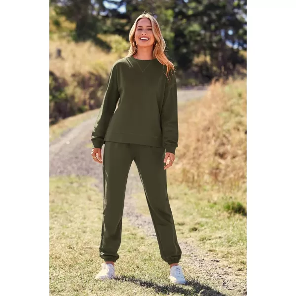 PRETTYGARDEN Womens Tie Dye Two Piece Pajamas Set Casual Long Sleeve Sweatshirt with Long Pants LoungewearSolid Army Green
