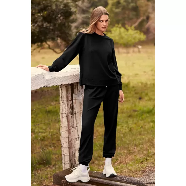 PRETTYGARDEN Womens Tie Dye Two Piece Pajamas Set Casual Long Sleeve Sweatshirt with Long Pants LoungewearSolid Black