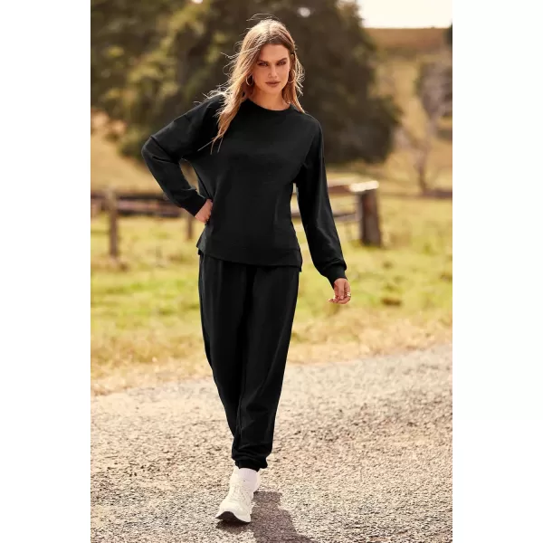 PRETTYGARDEN Womens Tie Dye Two Piece Pajamas Set Casual Long Sleeve Sweatshirt with Long Pants LoungewearSolid Black