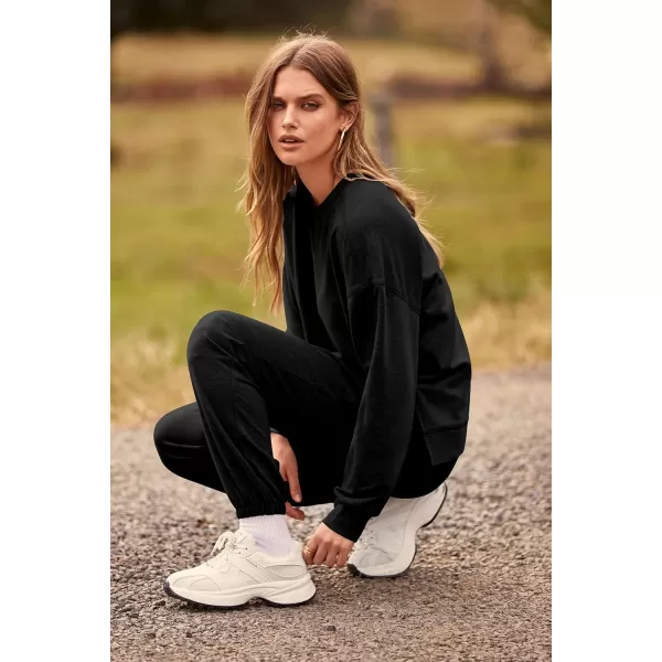 PRETTYGARDEN Womens Tie Dye Two Piece Pajamas Set Casual Long Sleeve Sweatshirt with Long Pants LoungewearSolid Black
