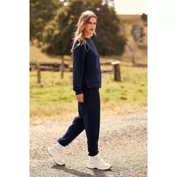 PRETTYGARDEN Womens Tie Dye Two Piece Pajamas Set Casual Long Sleeve Sweatshirt with Long Pants LoungewearSolid Navy
