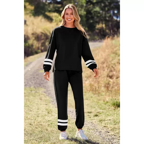 PRETTYGARDEN Womens Tie Dye Two Piece Pajamas Set Casual Long Sleeve Sweatshirt with Long Pants LoungewearStriped Black