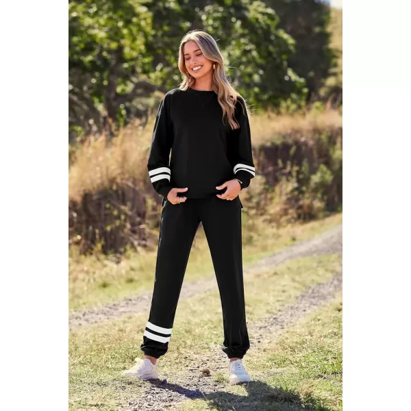 PRETTYGARDEN Womens Tie Dye Two Piece Pajamas Set Casual Long Sleeve Sweatshirt with Long Pants LoungewearStriped Black
