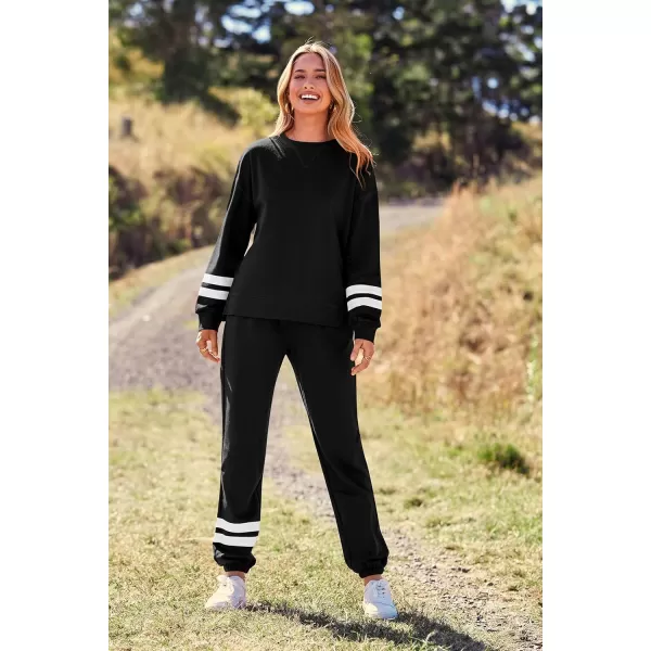 PRETTYGARDEN Womens Tie Dye Two Piece Pajamas Set Casual Long Sleeve Sweatshirt with Long Pants LoungewearStriped Black