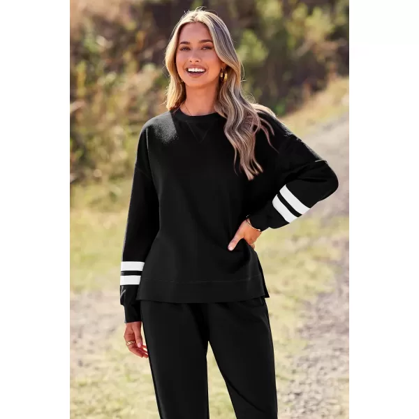 PRETTYGARDEN Womens Tie Dye Two Piece Pajamas Set Casual Long Sleeve Sweatshirt with Long Pants LoungewearStriped Black