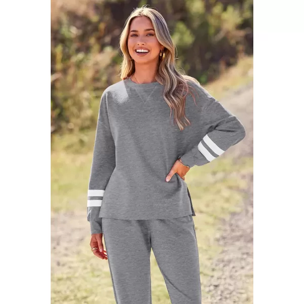 PRETTYGARDEN Womens Tie Dye Two Piece Pajamas Set Casual Long Sleeve Sweatshirt with Long Pants LoungewearStriped Grey