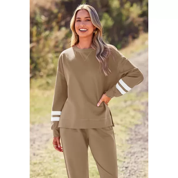 PRETTYGARDEN Womens Tie Dye Two Piece Pajamas Set Casual Long Sleeve Sweatshirt with Long Pants LoungewearStriped Khaki