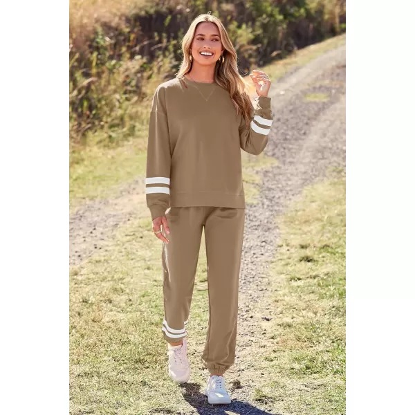 PRETTYGARDEN Womens Tie Dye Two Piece Pajamas Set Casual Long Sleeve Sweatshirt with Long Pants LoungewearStriped Khaki