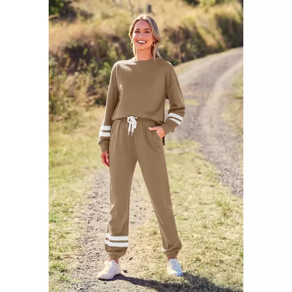 PRETTYGARDEN Womens Tie Dye Two Piece Pajamas Set Casual Long Sleeve Sweatshirt with Long Pants LoungewearStriped Khaki