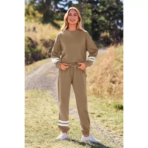 PRETTYGARDEN Womens Tie Dye Two Piece Pajamas Set Casual Long Sleeve Sweatshirt with Long Pants LoungewearStriped Khaki