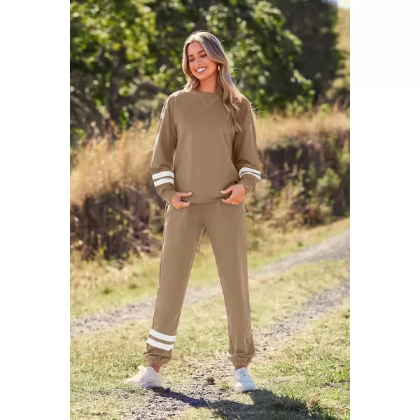 PRETTYGARDEN Womens Tie Dye Two Piece Pajamas Set Casual Long Sleeve Sweatshirt with Long Pants LoungewearStriped Khaki