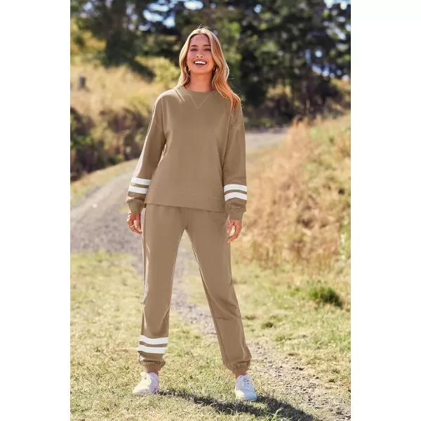 PRETTYGARDEN Womens Tie Dye Two Piece Pajamas Set Casual Long Sleeve Sweatshirt with Long Pants LoungewearStriped Khaki