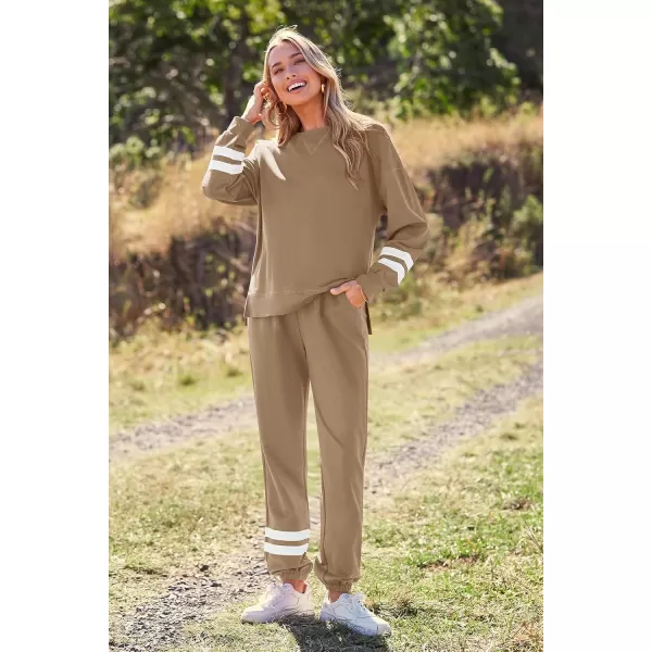 PRETTYGARDEN Womens Tie Dye Two Piece Pajamas Set Casual Long Sleeve Sweatshirt with Long Pants LoungewearStriped Khaki