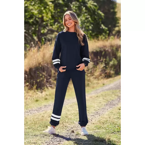 PRETTYGARDEN Womens Tie Dye Two Piece Pajamas Set Casual Long Sleeve Sweatshirt with Long Pants LoungewearStriped Navy