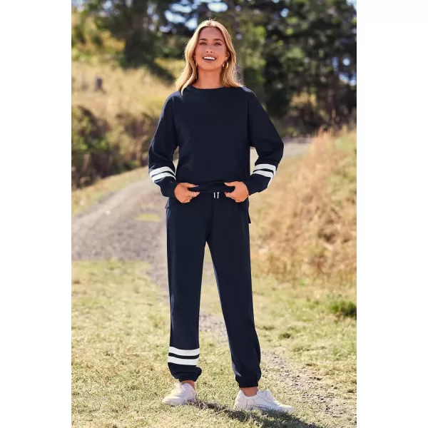 PRETTYGARDEN Womens Tie Dye Two Piece Pajamas Set Casual Long Sleeve Sweatshirt with Long Pants LoungewearStriped Navy