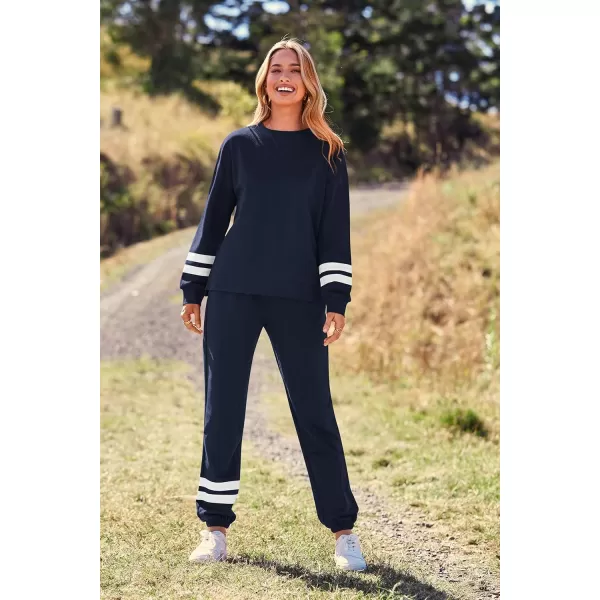 PRETTYGARDEN Womens Tie Dye Two Piece Pajamas Set Casual Long Sleeve Sweatshirt with Long Pants LoungewearStriped Navy