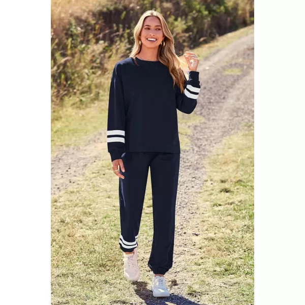 PRETTYGARDEN Womens Tie Dye Two Piece Pajamas Set Casual Long Sleeve Sweatshirt with Long Pants LoungewearStriped Navy