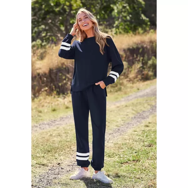 PRETTYGARDEN Womens Tie Dye Two Piece Pajamas Set Casual Long Sleeve Sweatshirt with Long Pants LoungewearStriped Navy