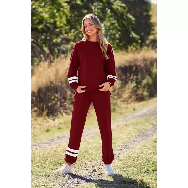 PRETTYGARDEN Womens Tie Dye Two Piece Pajamas Set Casual Long Sleeve Sweatshirt with Long Pants LoungewearStriped Wine Red