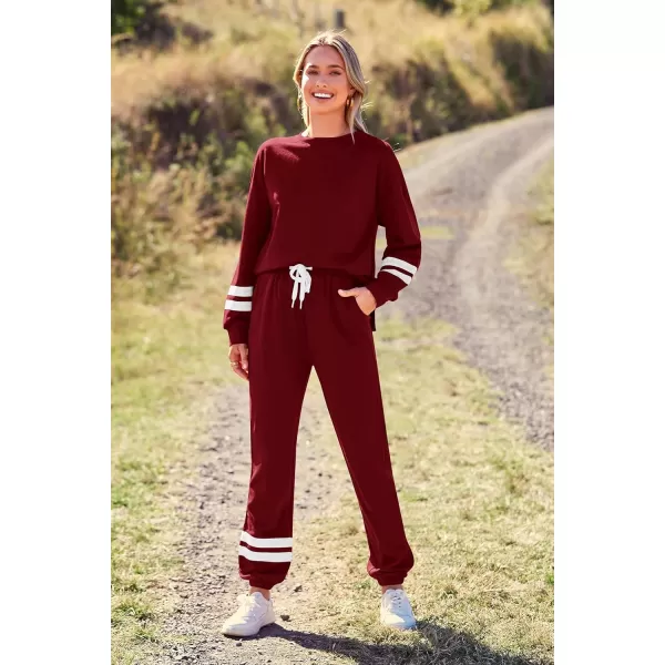 PRETTYGARDEN Womens Tie Dye Two Piece Pajamas Set Casual Long Sleeve Sweatshirt with Long Pants LoungewearStriped Wine Red