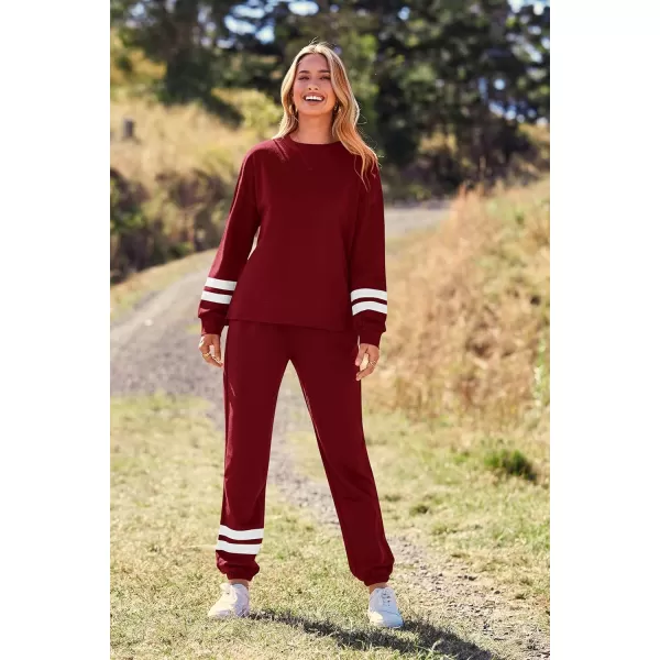 PRETTYGARDEN Womens Tie Dye Two Piece Pajamas Set Casual Long Sleeve Sweatshirt with Long Pants LoungewearStriped Wine Red