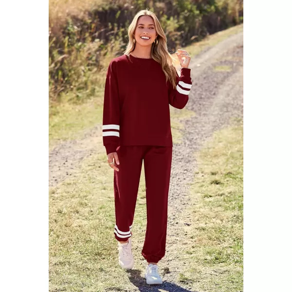 PRETTYGARDEN Womens Tie Dye Two Piece Pajamas Set Casual Long Sleeve Sweatshirt with Long Pants LoungewearStriped Wine Red