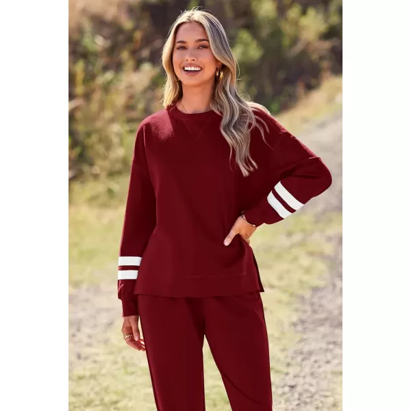 PRETTYGARDEN Womens Tie Dye Two Piece Pajamas Set Casual Long Sleeve Sweatshirt with Long Pants LoungewearStriped Wine Red