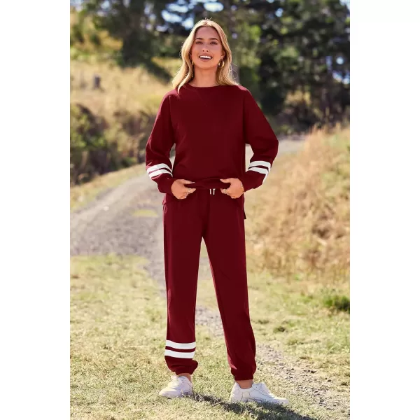 PRETTYGARDEN Womens Tie Dye Two Piece Pajamas Set Casual Long Sleeve Sweatshirt with Long Pants LoungewearStriped Wine Red