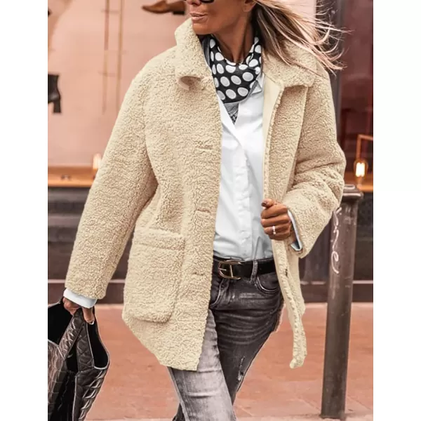 PRETTYGARDEN Womens Winter Faux Fur Coats Long Sleeve Lapel Button Down Pockets Fleece Sherpa Jacket Casual Trendy OuterwearBeige