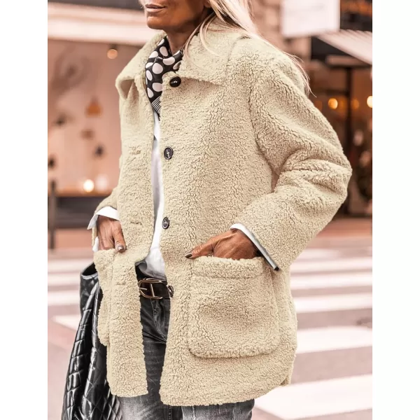 PRETTYGARDEN Womens Winter Faux Fur Coats Long Sleeve Lapel Button Down Pockets Fleece Sherpa Jacket Casual Trendy OuterwearBeige