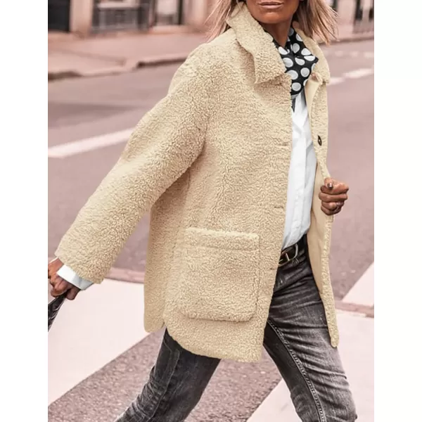 PRETTYGARDEN Womens Winter Faux Fur Coats Long Sleeve Lapel Button Down Pockets Fleece Sherpa Jacket Casual Trendy OuterwearBeige