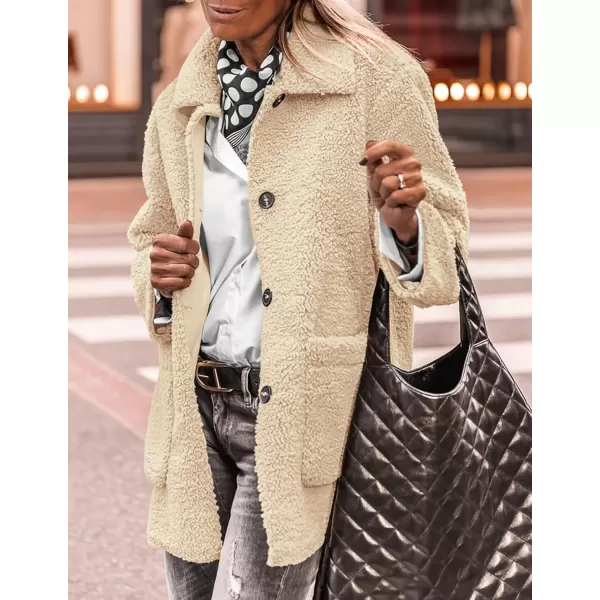 PRETTYGARDEN Womens Winter Faux Fur Coats Long Sleeve Lapel Button Down Pockets Fleece Sherpa Jacket Casual Trendy OuterwearBeige