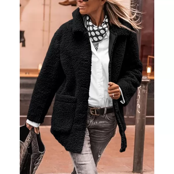 PRETTYGARDEN Womens Winter Faux Fur Coats Long Sleeve Lapel Button Down Pockets Fleece Sherpa Jacket Casual Trendy OuterwearBlack
