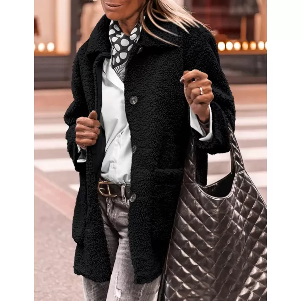PRETTYGARDEN Womens Winter Faux Fur Coats Long Sleeve Lapel Button Down Pockets Fleece Sherpa Jacket Casual Trendy OuterwearBlack