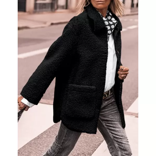 PRETTYGARDEN Womens Winter Faux Fur Coats Long Sleeve Lapel Button Down Pockets Fleece Sherpa Jacket Casual Trendy OuterwearBlack